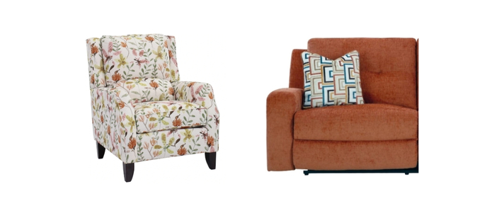 Side-by-side of a colorful accent chair and a brown couch.