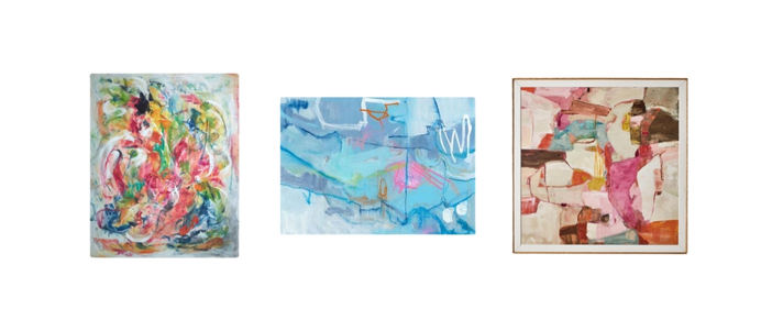 Side-by-side of vibrant, colorful wall art.