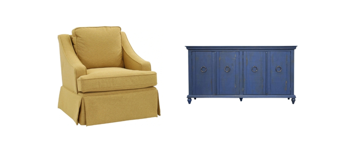 Side-by-side of colorful accent furniture.