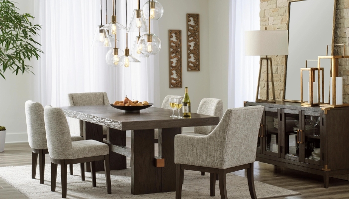 A beautiful dining room with a full dining table set
