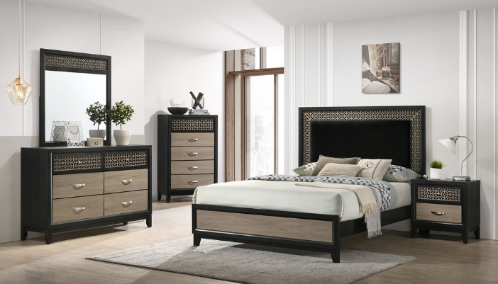 A bedroom set with blacks, tans, and whites.