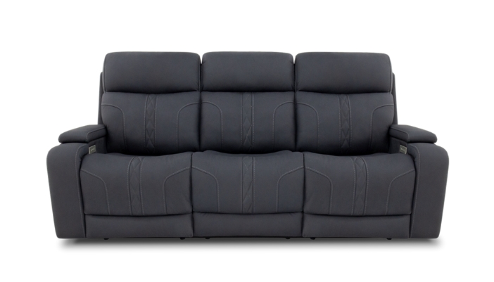 A black leather sofa with reclining seats on a white background.