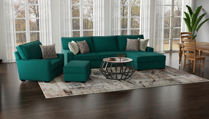 80s-inspired living room with teal sectional