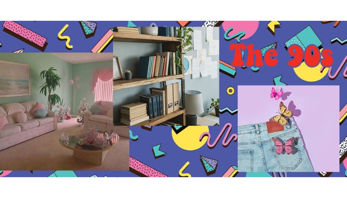 90s header with a collage of era-inspired pictures