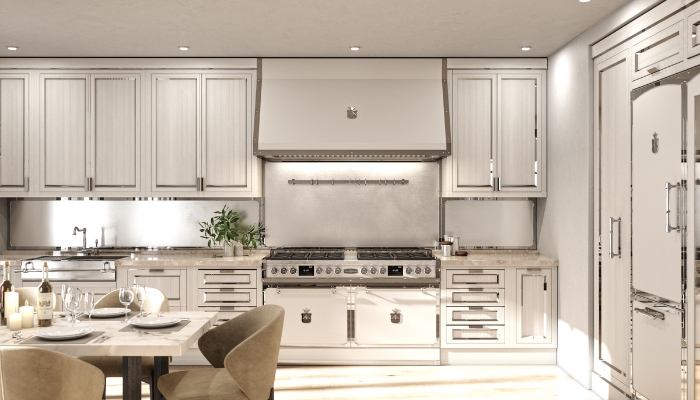 Officine Gullo appliances with chrome details in a white kitchen