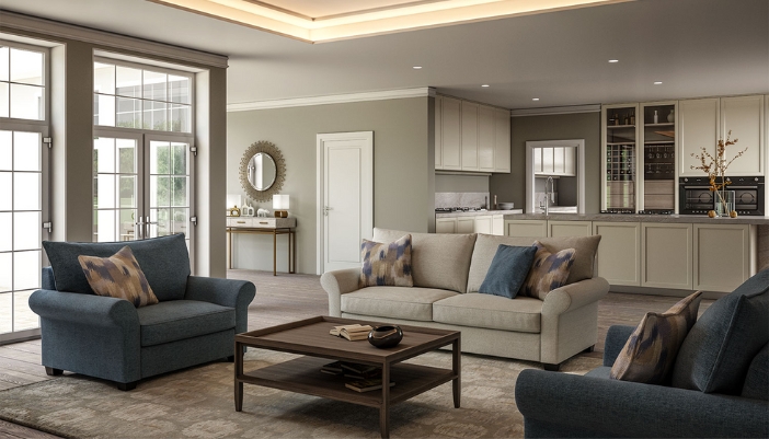 A dimly lit modern living room with various gray furniture.