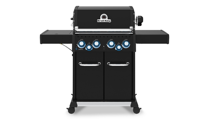 A close-up of a gas grill on a white background