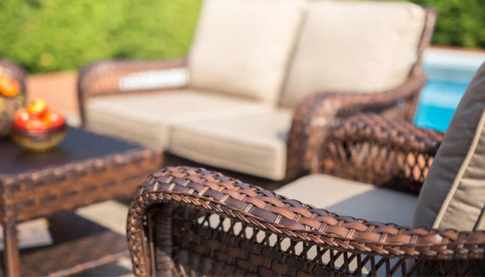 A close-up of wicker outdoor furniture.