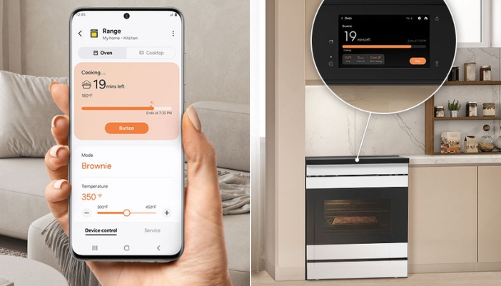 A smart Samsung range next to a hand holding their smart phone to the camera.