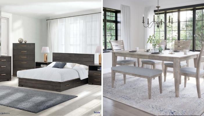 une chambre côte à côte avec un matelas et un ensemble de lit neufs et une table de salle à manger