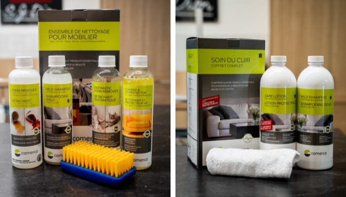 Une sélection de produits de nettoyage sur un comptoir en marbre noir