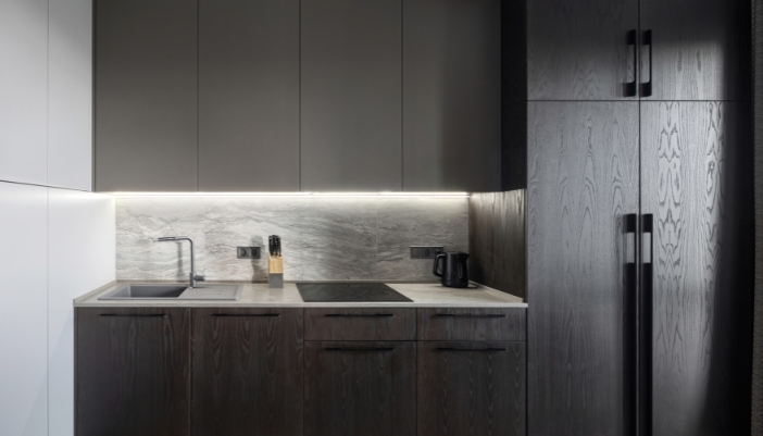 An induction stove set in a modern kitchen with lighting and panel refrigerator