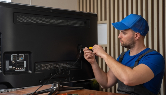 repair man working on television