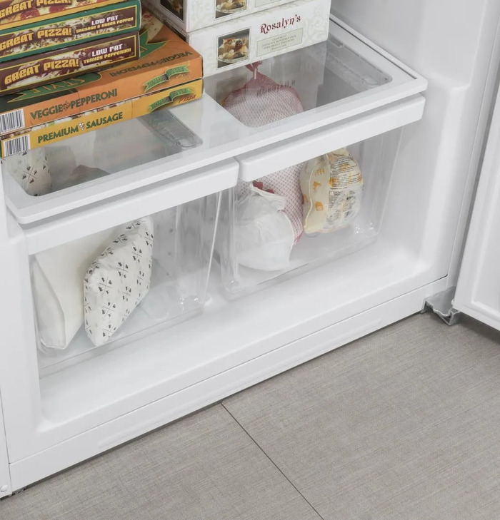 GE 21.3 Cu. Ft. Upright Freezer bottom shelf & drawers
