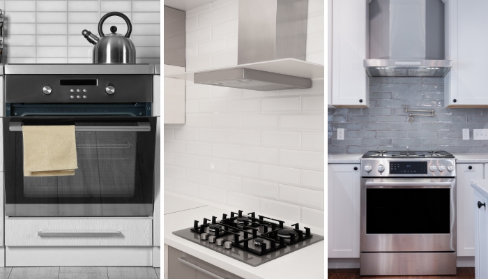 Collage of a wall oven, cooktop, and range