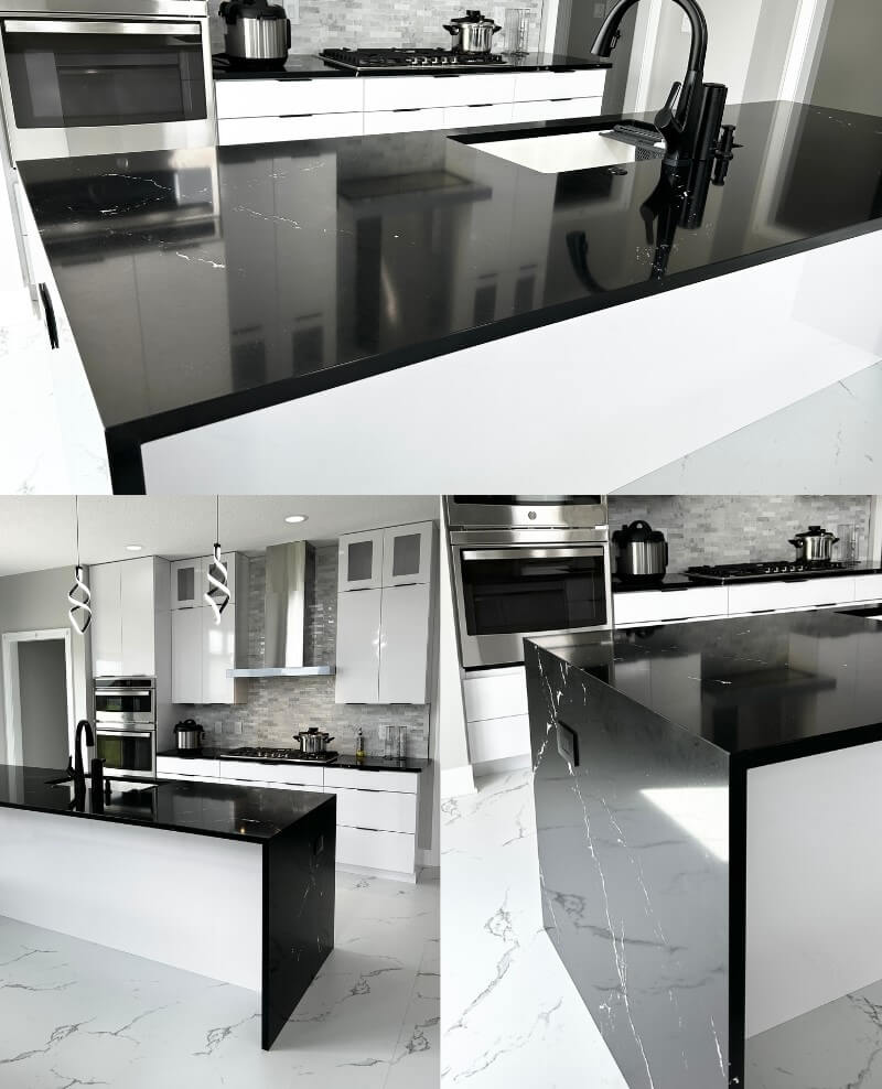 collage of images showcasing a waterfall kitchen island with Cambria Blackbrook quartz counters and both ends waterfalling down to floor