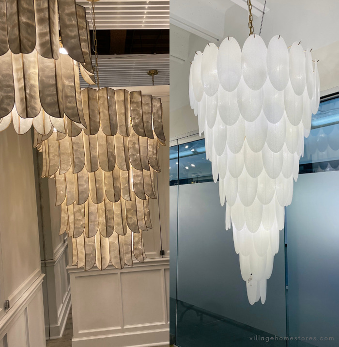 hanging chandelier light fixtures with shell and featherlike decoration.