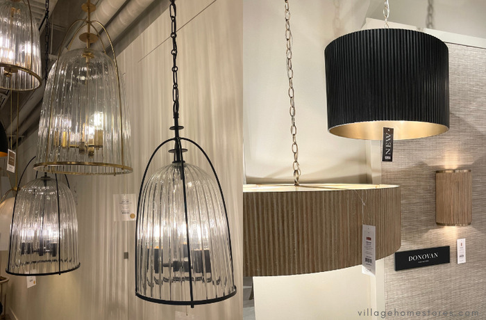 pendant lighting with ribbed reeded glass shades and reeded wood drum shades