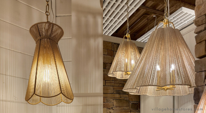 pendant lights with woven shades and scalloped edge details