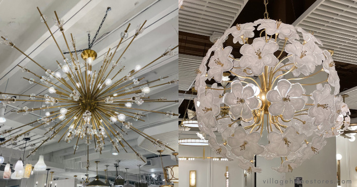 sphere and starburst shaped light fixtures with crystals and floral motif.