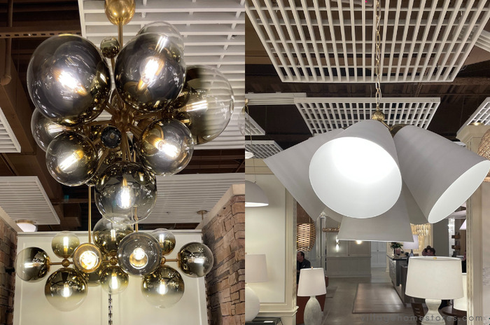 smokey glass and white enamel light fixtures with clustered shades
