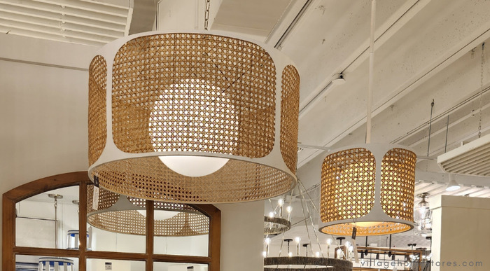 white and rattan caned woven light fixtures.