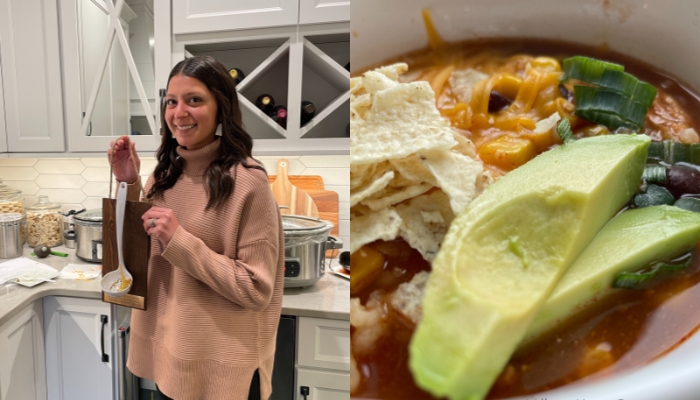 Image of winner holder her ladle plaque on left and close up image of tortilla soup on right half