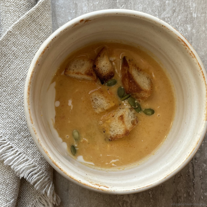 Overhead view image of roasted squash soup with croutons