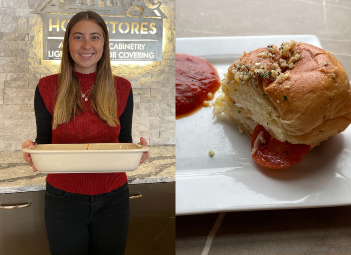 contest winner on left holding baking dish and image of pizza slider on white plate on right with sauce on plate