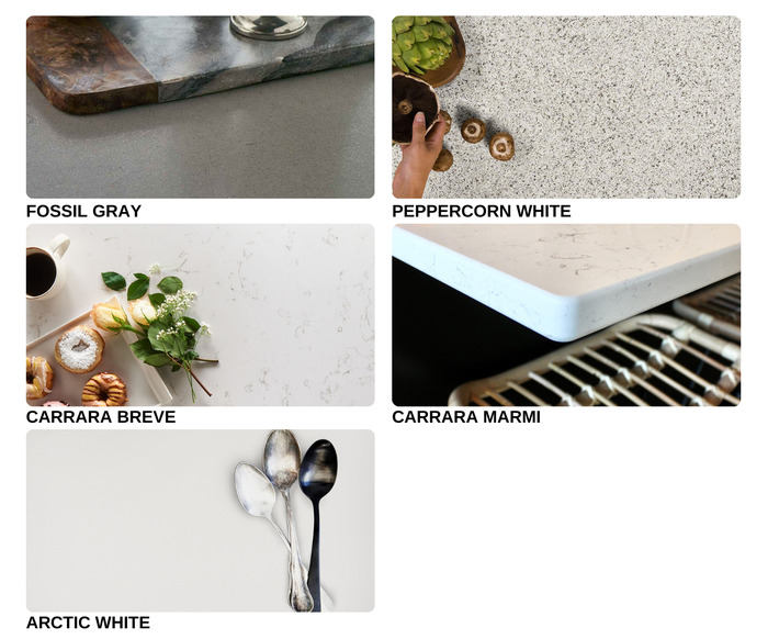 selections of quartz options on promotion fossil gray peppercorn white Carrara breve arctic white and carrara marmi