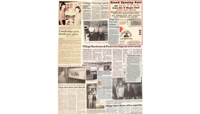 photo collage of old newspaper clippings about Village Home Stores