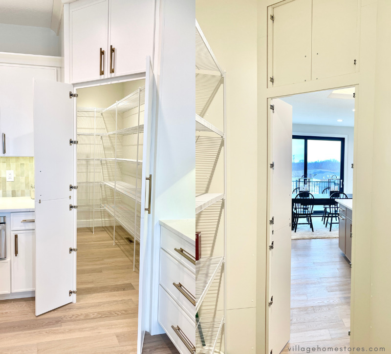 side by side images of cabinet walk through pantry front shown looking in and out