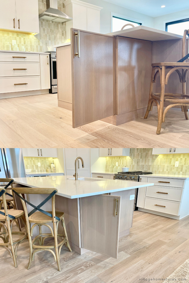 images of cabinet ends of kitchen island with storage shown with doors open