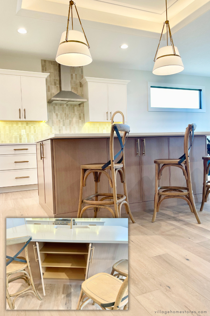picture in picture of kitchen island back with working full height door cabinets that open to reveal shelf storage beneath countertop overhang