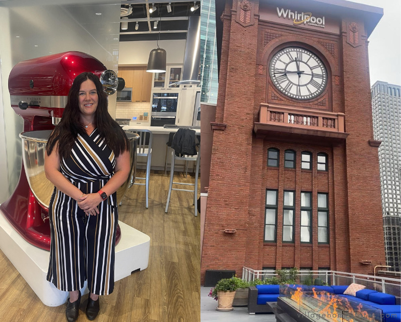amanda forrest of appliances unlimited Kewanee on left standing in from of large red kitchenaid mixer and world of whirlpool building on right