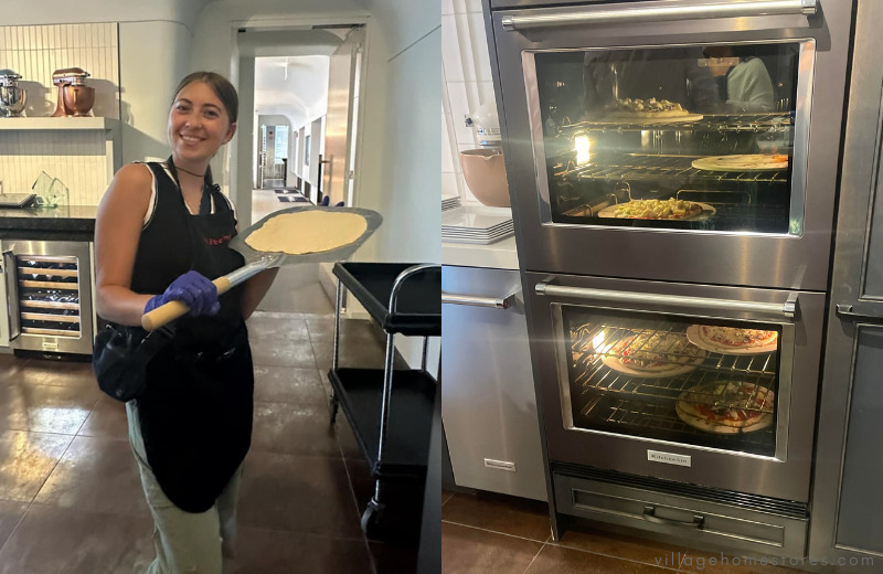 image of abby holding pizza paddle with dough on left and convection double wall ovens shown on right with pizzas baking.