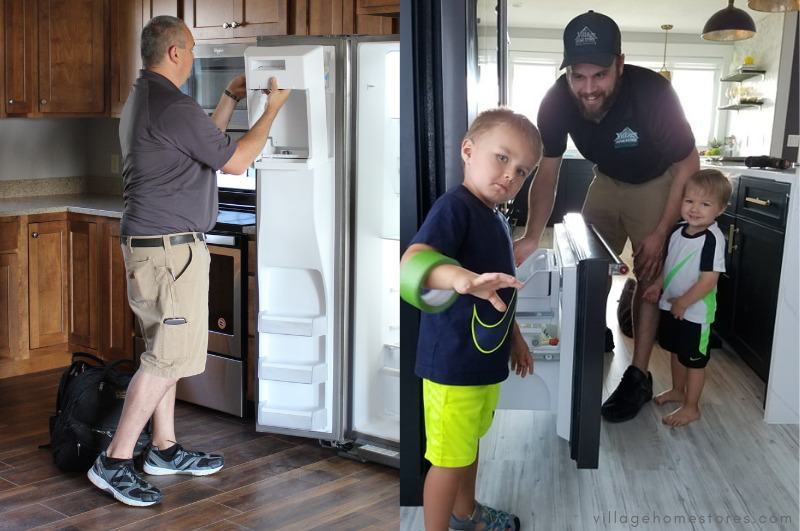 service technicians repairing refrigerator on left and with kids on right