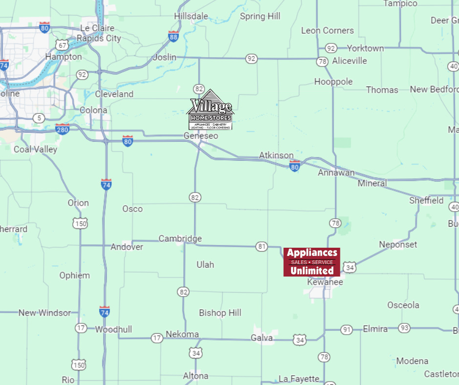 map showing the location of village home stores in Geneseo, Illinois, in proximity to appliances unlimited in Kewanee