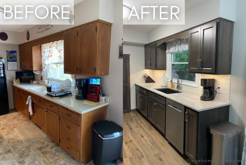 side by side before and after images of kitchen remodel with new gray cabinets