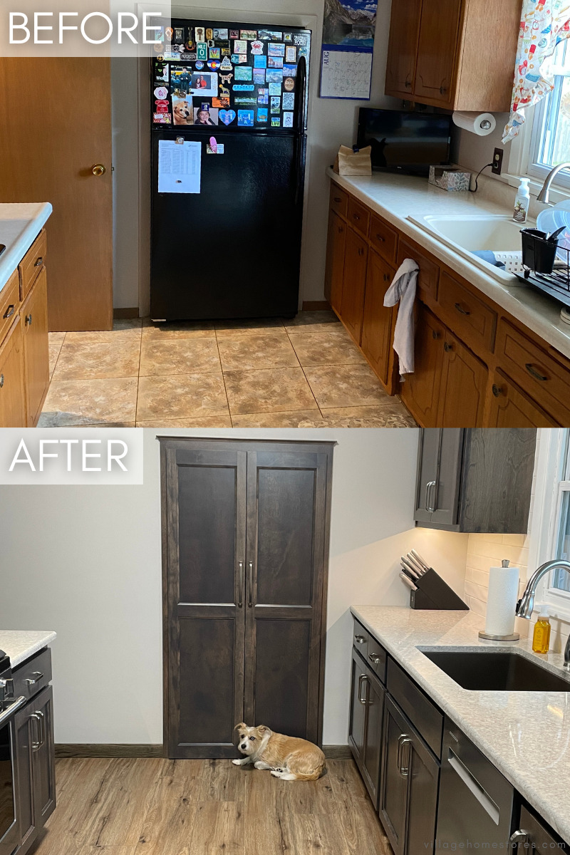 before and after images showing old fridge location is now kitchen pantry