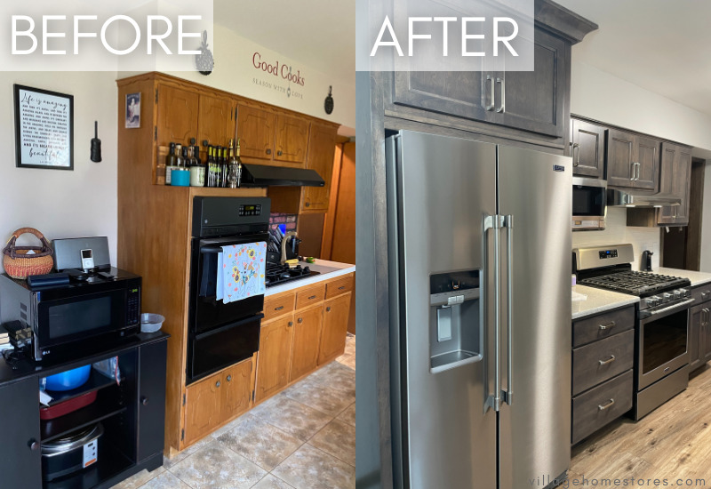 side by side before and after kitchen remodel with new stainless appliances and gray cabinets
