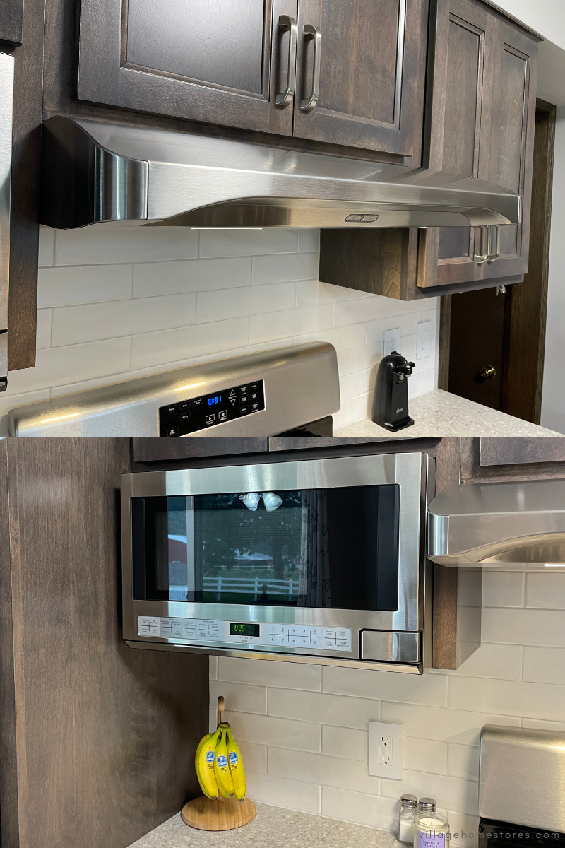over counter microwave and under cabinet range hood in stainless steel