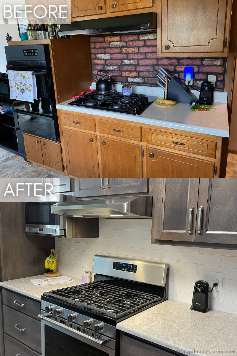 before and after of kitchen remodel showing new range and backsplash tile