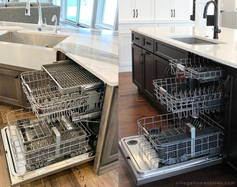 side by side images of dishwashers shown with doors open and rack layout displayed. 3 rack with utensil rack on left, and fully functional top third rack on right