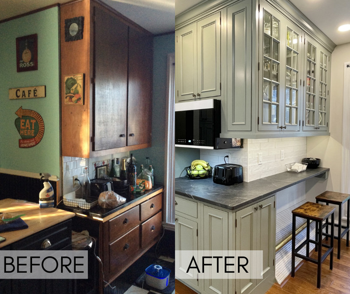 side by side image with before or kitchen renovation on left and after kitchen on right