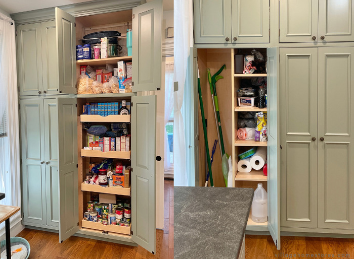 side by side images of kitchen pantries with doors open showing cleaning supplies storage and slide out shelving pantry storage