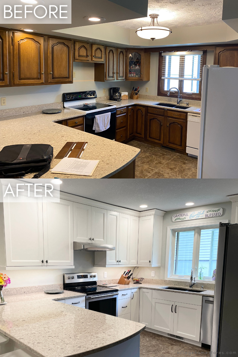 before and after images of kitchen remodel with soffits removed and quartz countertops repurposed