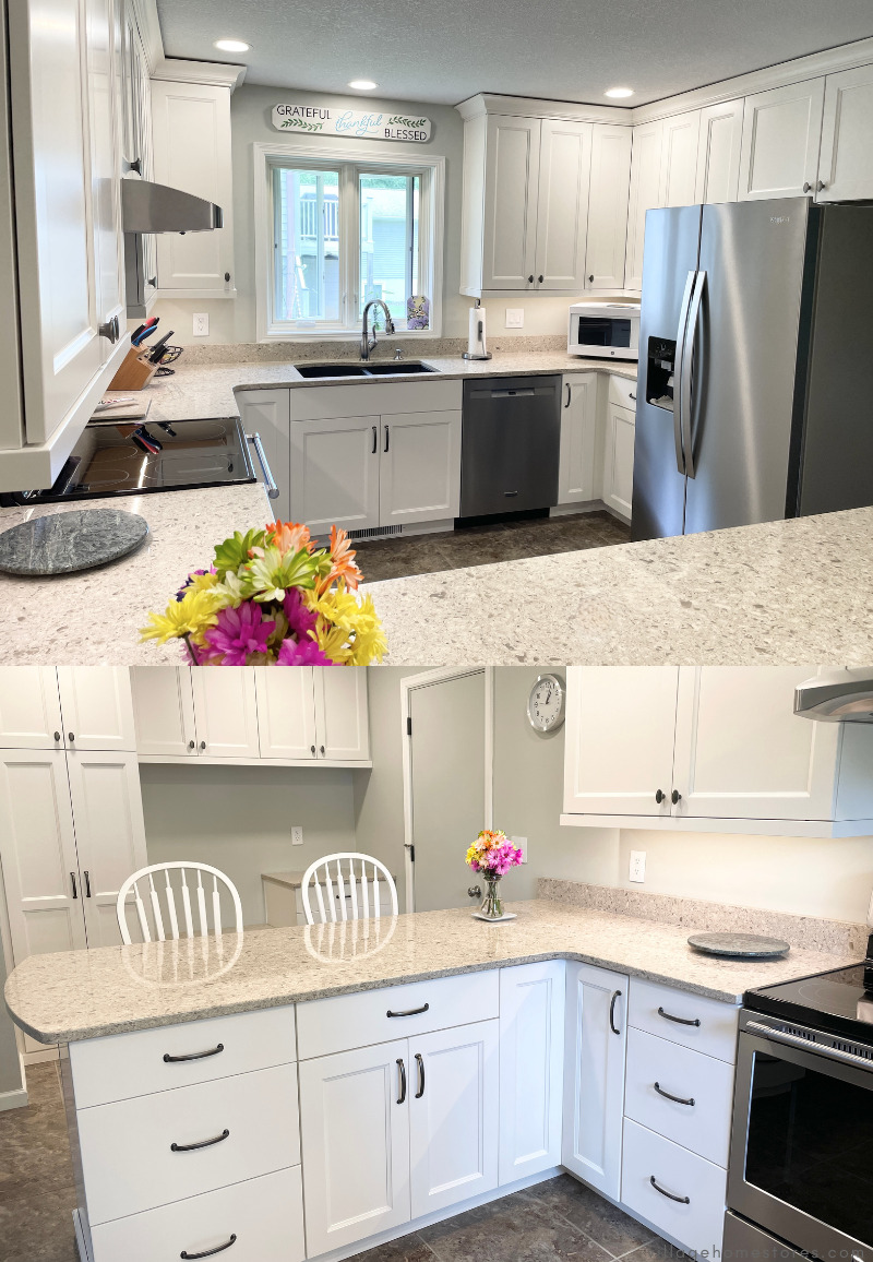images of white painted kitchen with g shaped layout and peninsula with overhang