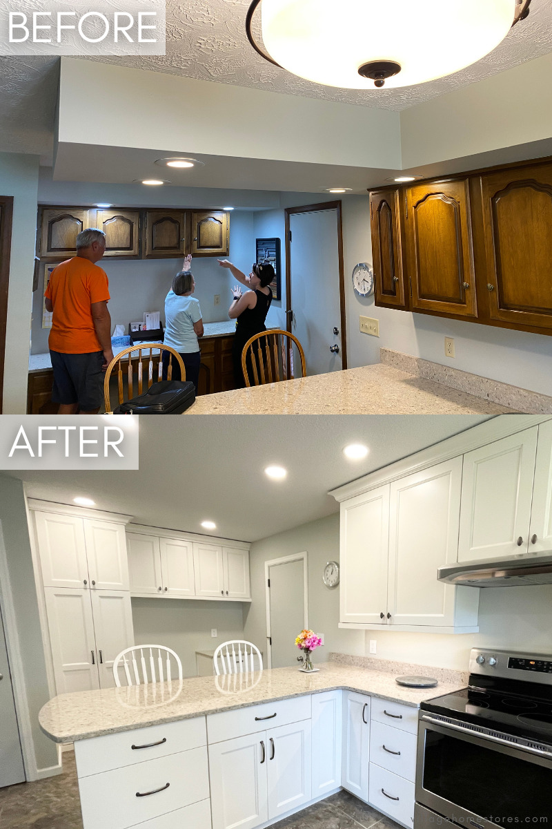 before and after images showing desk area of kitchen converted into pantry and drop zone bench area in new layout