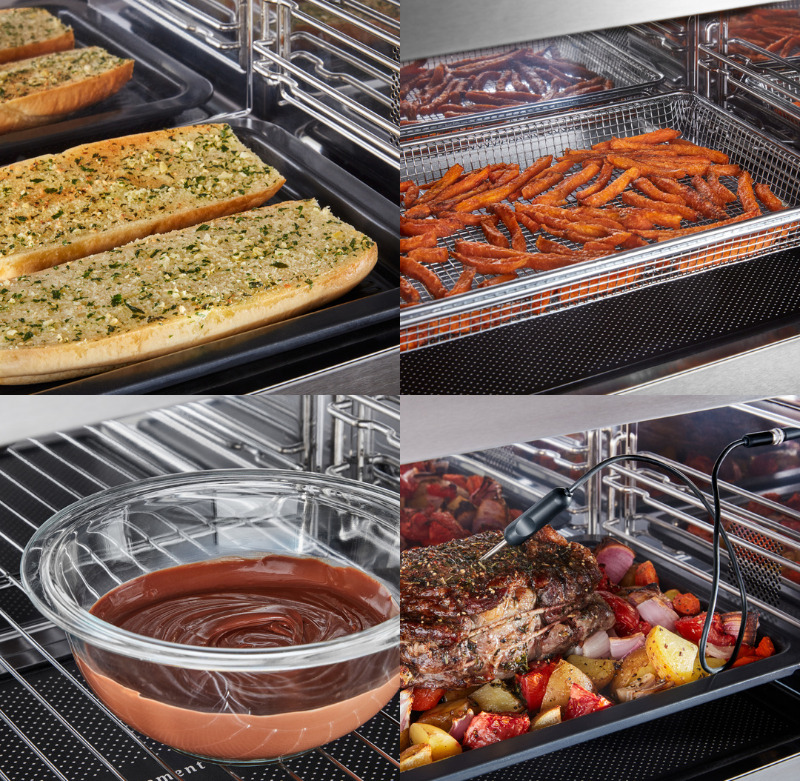 4 images of on racks and trays showing functions of kitchenaid multifunction microwave toast, air fry, melt, and temperature probe roasting